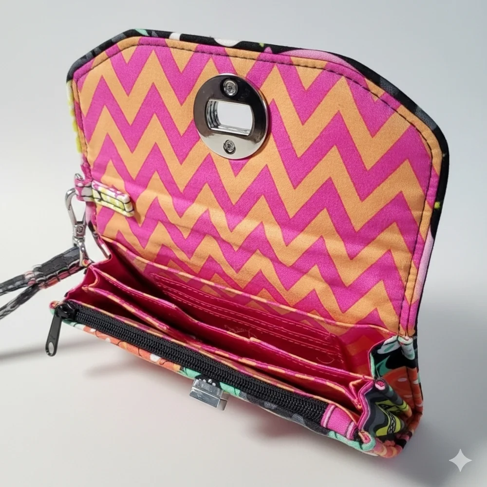 Vera Bradley Wristlet Wallet Pouch Floral Cotton Quilted Pink Grey Orange Strap - Picture 4 of 8